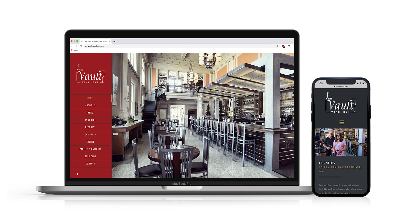 Laptop and phone view of The Vault Wine Bar website